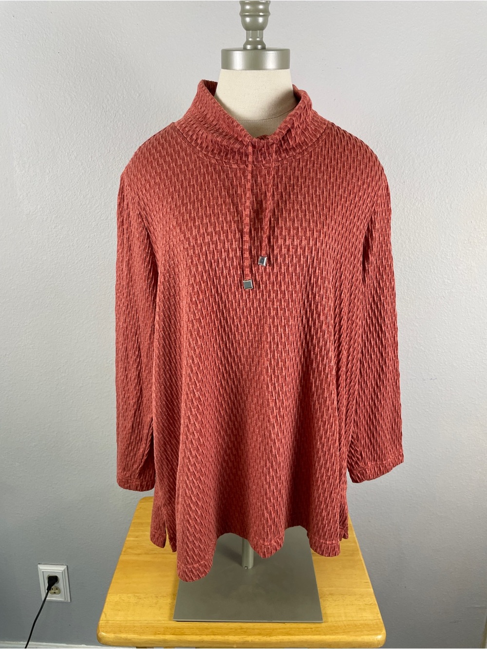 Ali Miles Orange Rust Textured Geometric Drawstring Funnel Neck Tunic Size XL